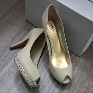 Reba Cream Peep Toe Heels with Gold Accents